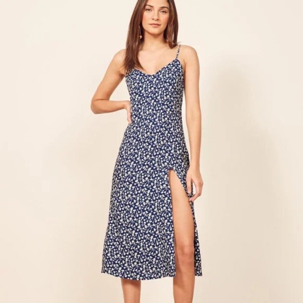 Reformation Crimini Midi Dress in Bebe Navy Floral Print